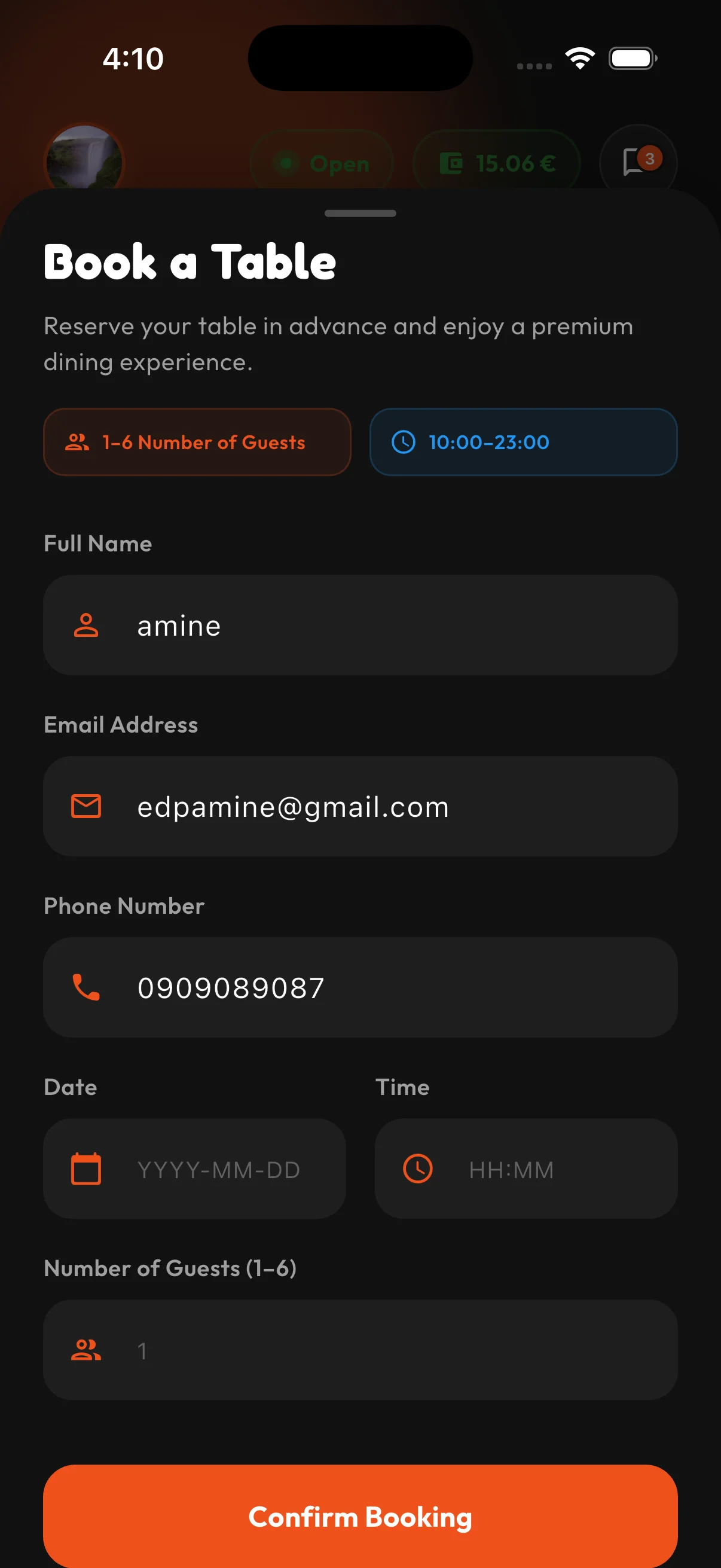 Table Reservation Screen