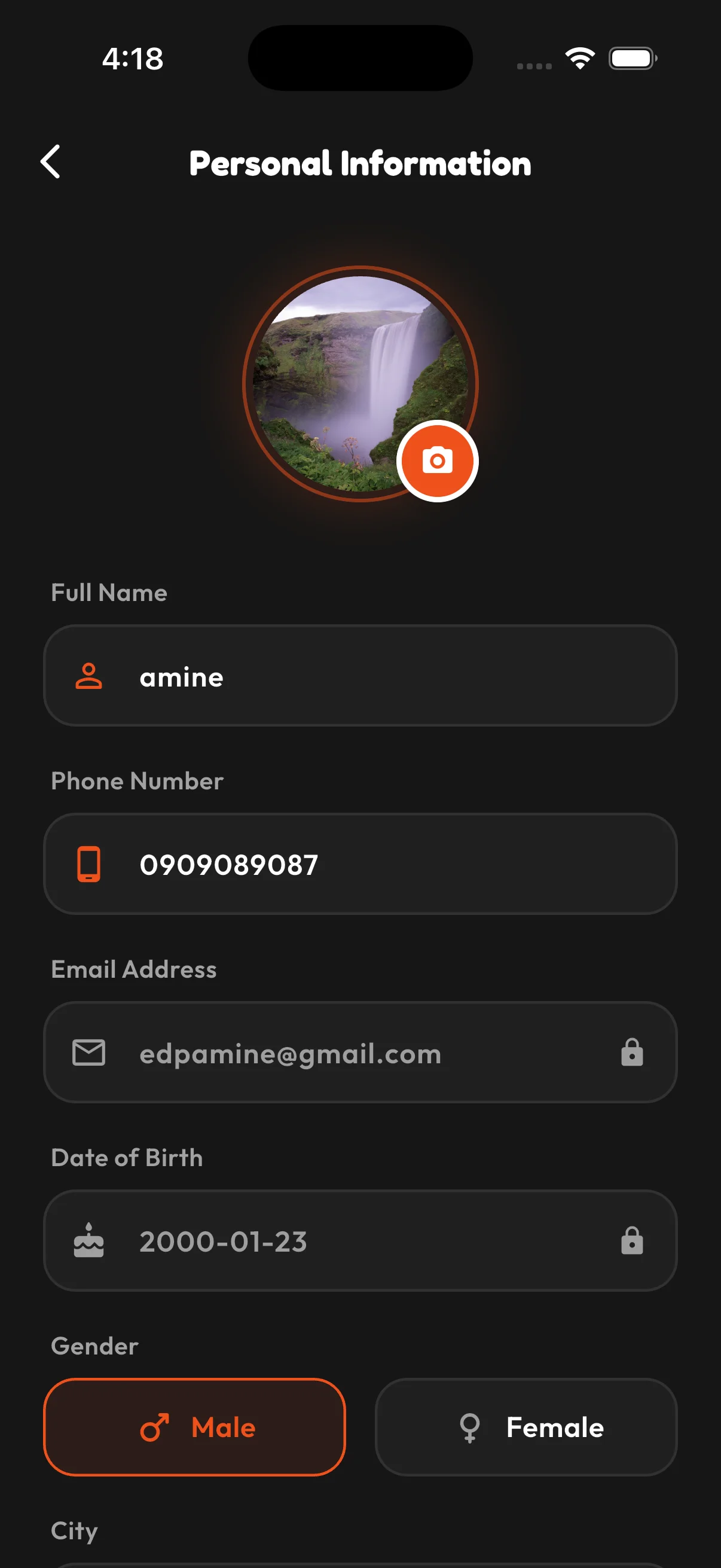 Personal Information Screen
