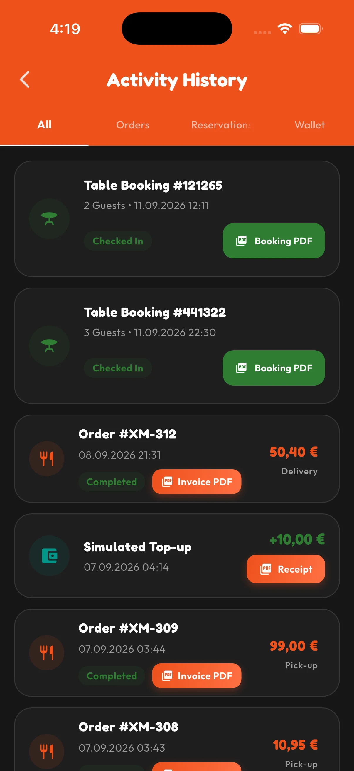 Activity History Screen