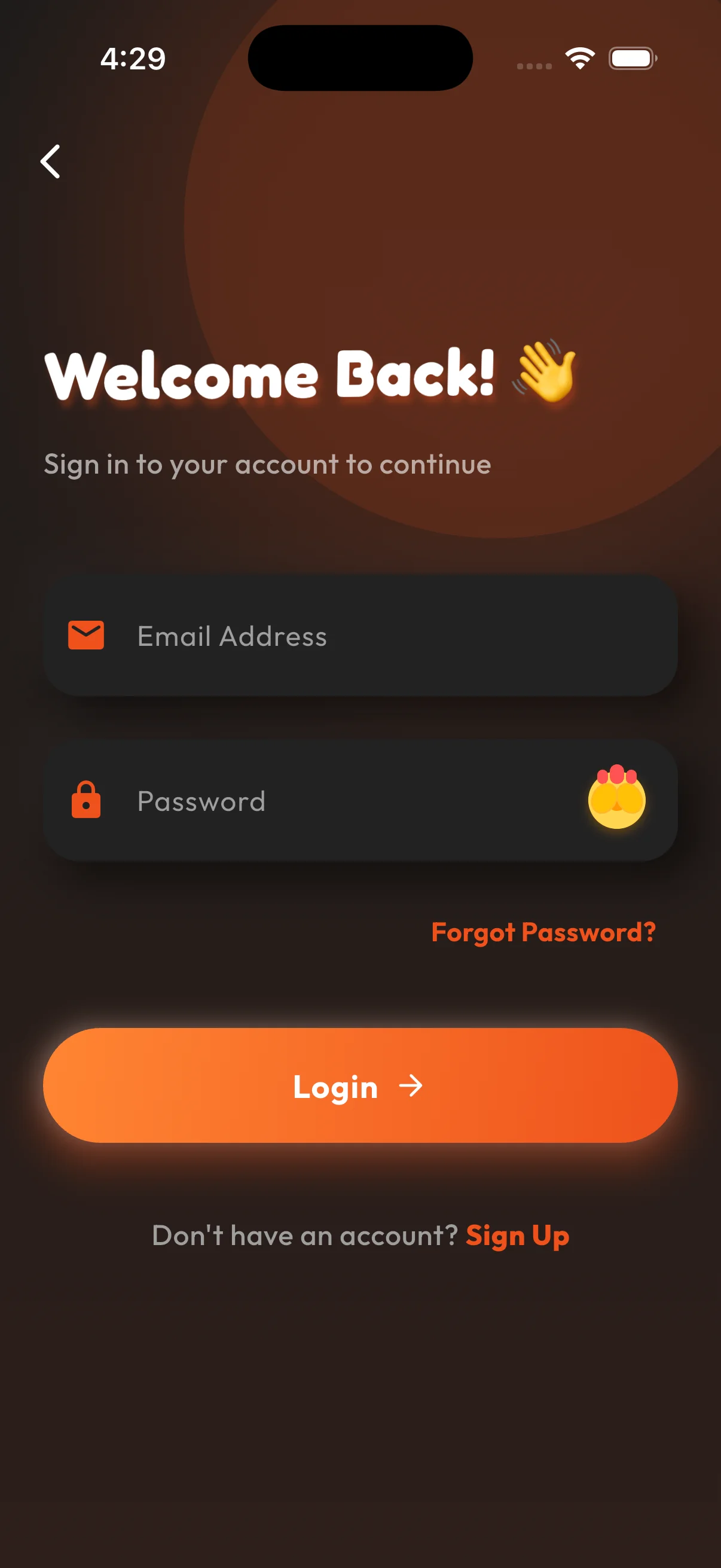 Welcome Back Sign In Screen